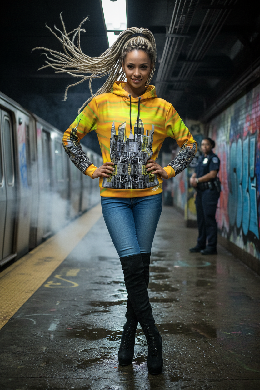 Woman in a colorful Loria NYC Art hoodie with a cityscape design standing on a subway platform.