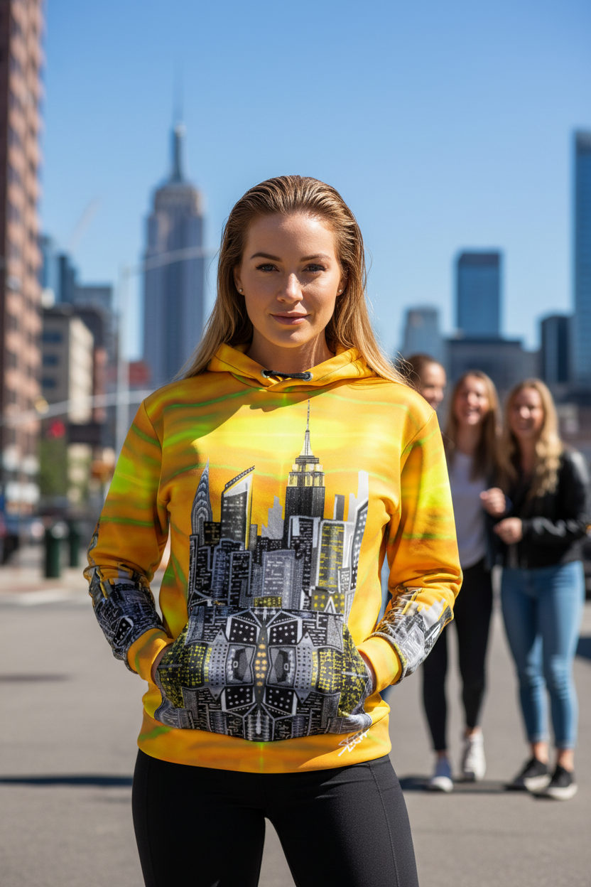 Woman wearing a yellow hoodie with a cityscape Loria NYC Art design, standing in an urban setting.
