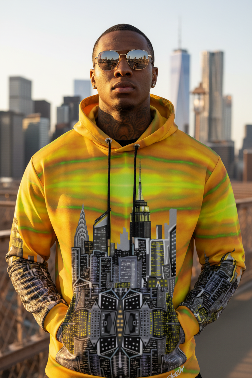Person wearing a yellow hoodie with a cityscape Loria NYC Art design, standing in front of a city skyline.