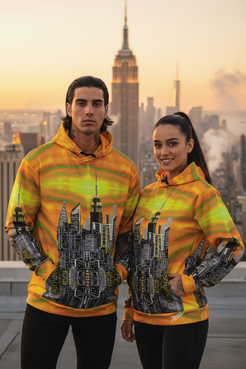Two people wearing matching orange hoodies with cityscape Loria NYC Art design in front of a city skyline.