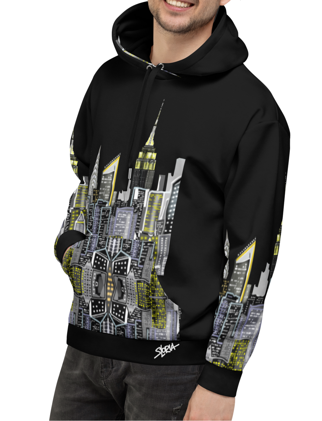 Man posing in a  a black hoodie with cityscape Loria NYC Art design on a white background