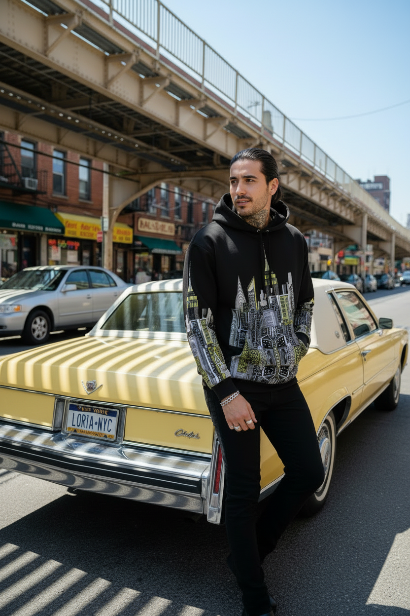 Man posing and wearing a black Loria NYC Art hoodie with a cityscape design standing in an urban setting.