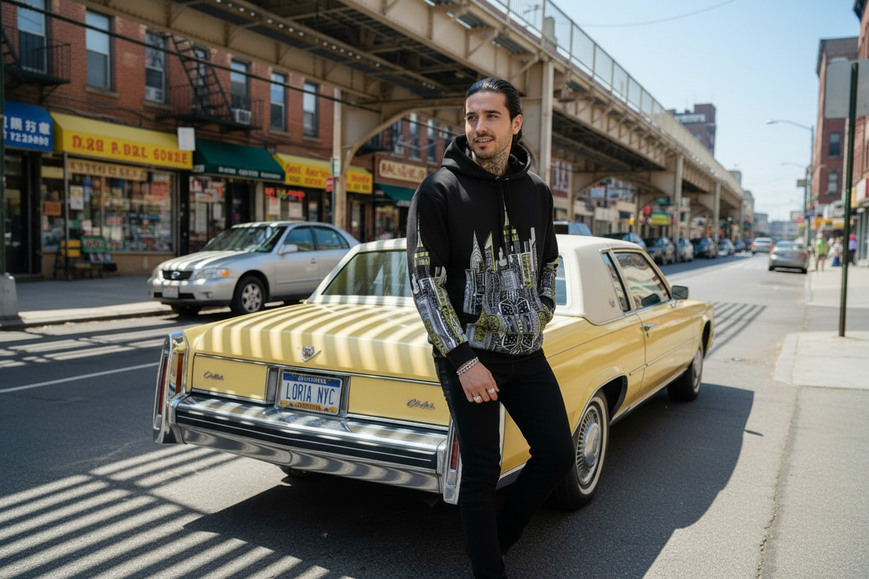 Man posing in a black Loria NYC Art hoodie with the city skyline in front of a yellow car in an urban background.