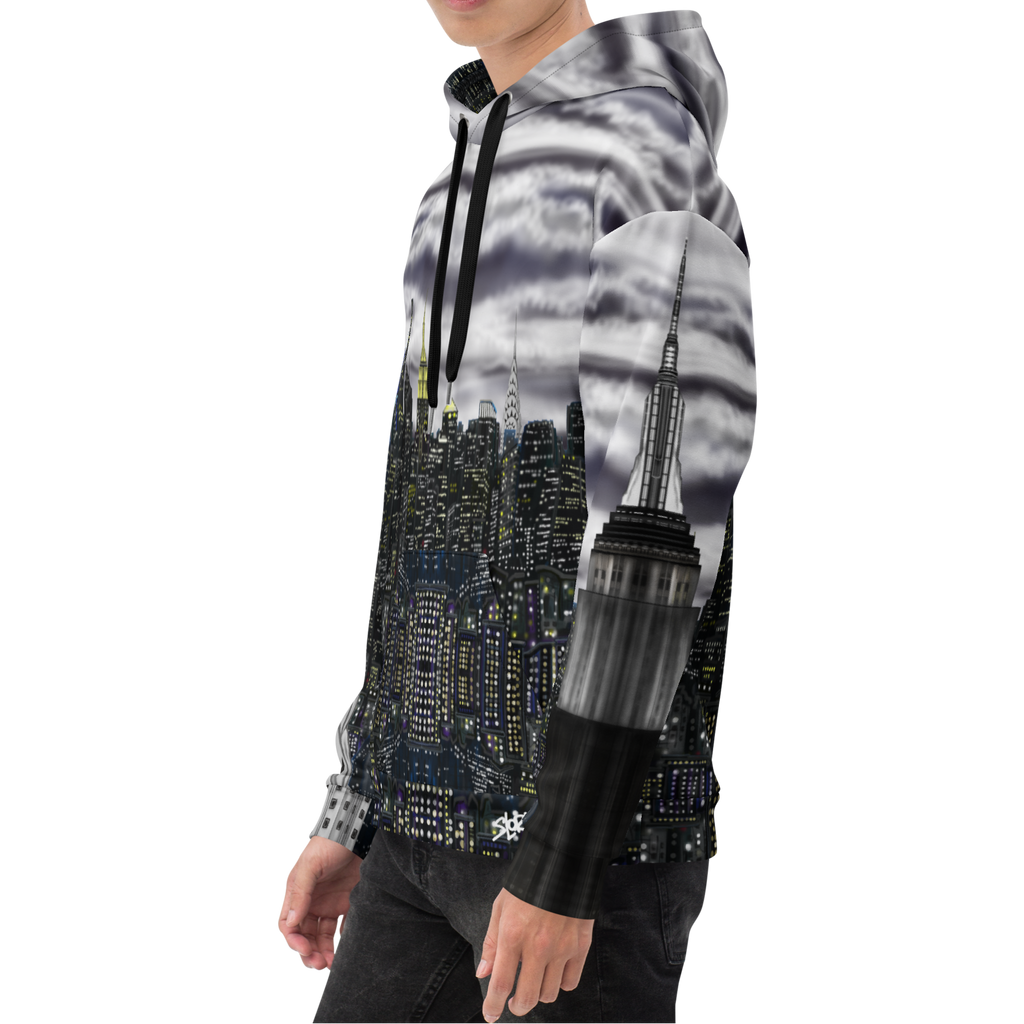 Person wearing a hoodie with a cityscape Loria NYC Art design on a white background