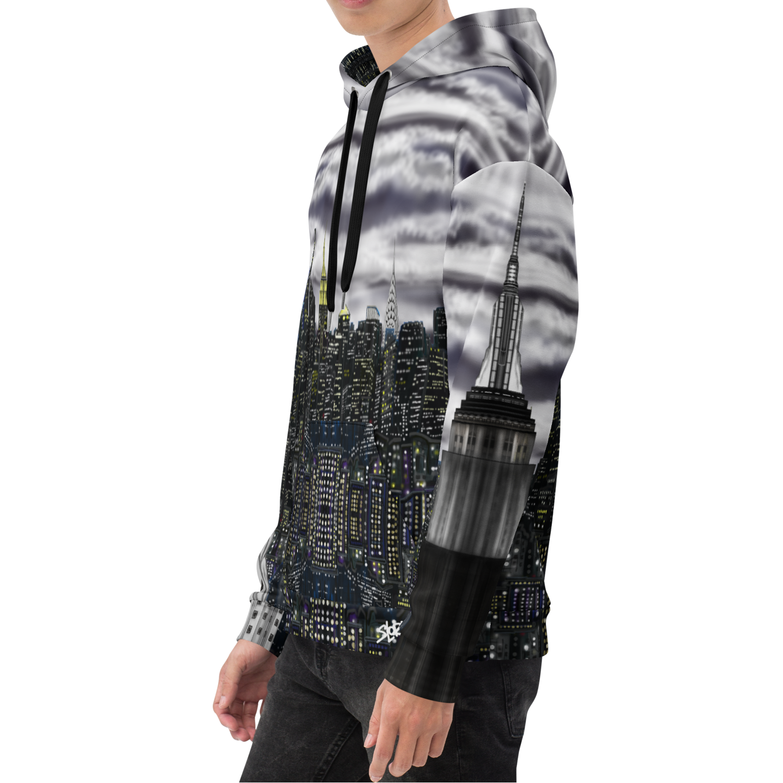 Person wearing a hoodie with a cityscape Loria NYC Art design on a white background