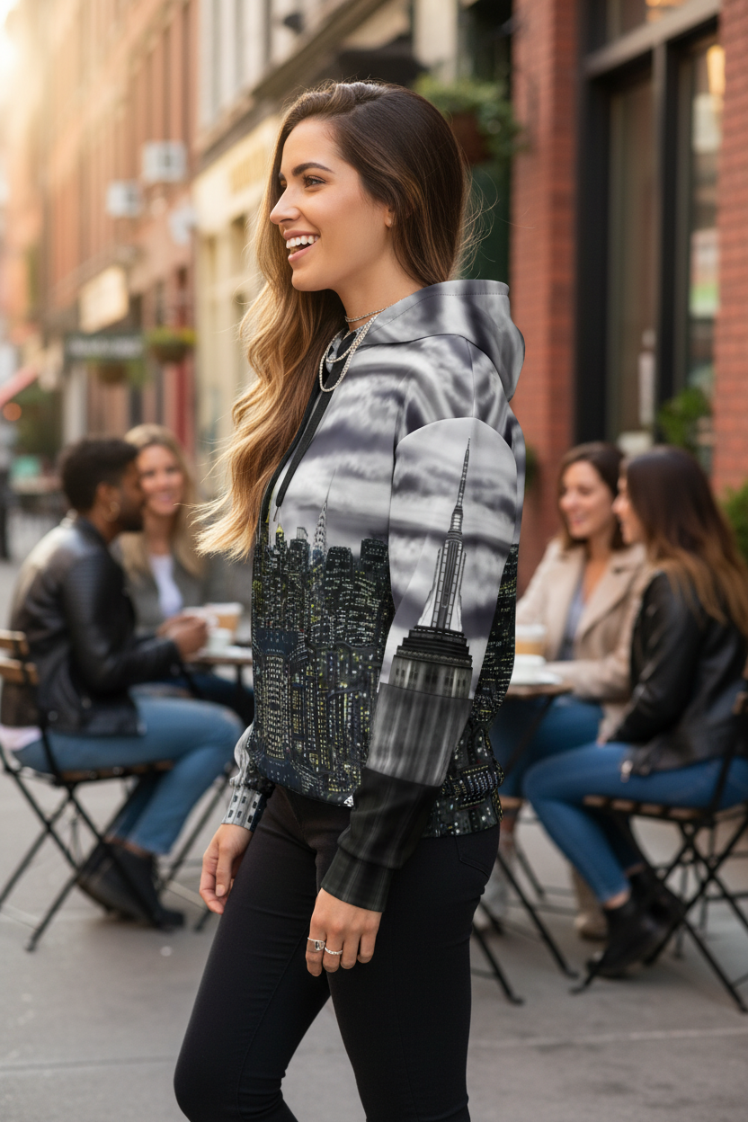 A woman wearing a black and gray cityscape Loria NYC Art hoodie with a black leather-look sleeve, walking outdoors on a city street with cafe patrons blurred in the background.