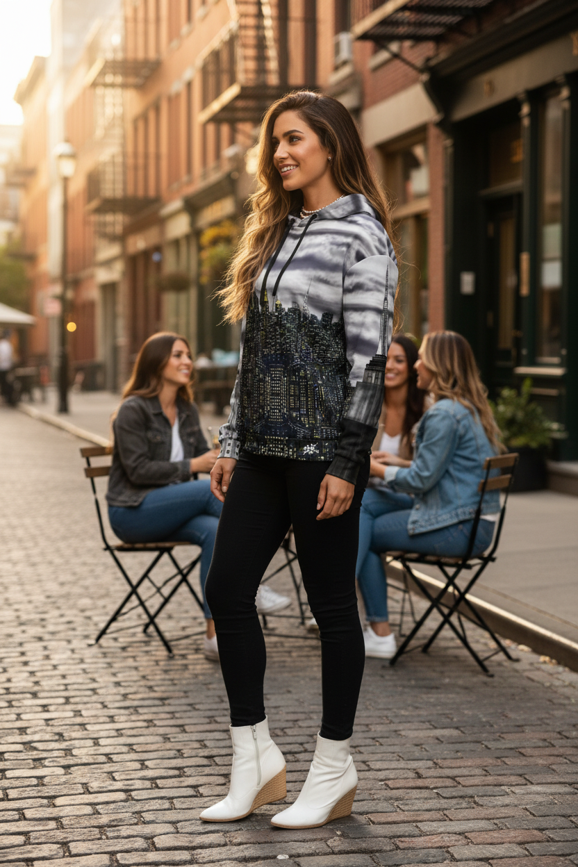 A woman stands on a cobblestone street wearing a gray and black Loria NYC Art hoodie, black leggings, and white wedge ankle boots. Three women are seated on folding chairs in the background on a city sidewalk.