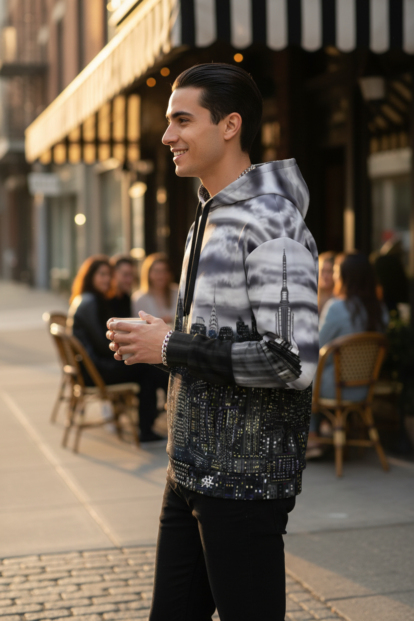 A man wearing a black and gray  Loria NYC Art hoodie with a New York City skyline print on the front and sequined detailing on the lower front panel, standing on a city sidewalk.