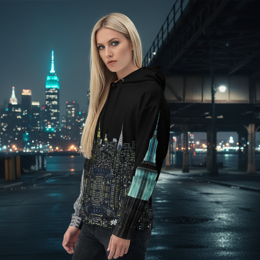 Woman in a Loria NYC Art hoodie standing in an urban night setting with city skyline.