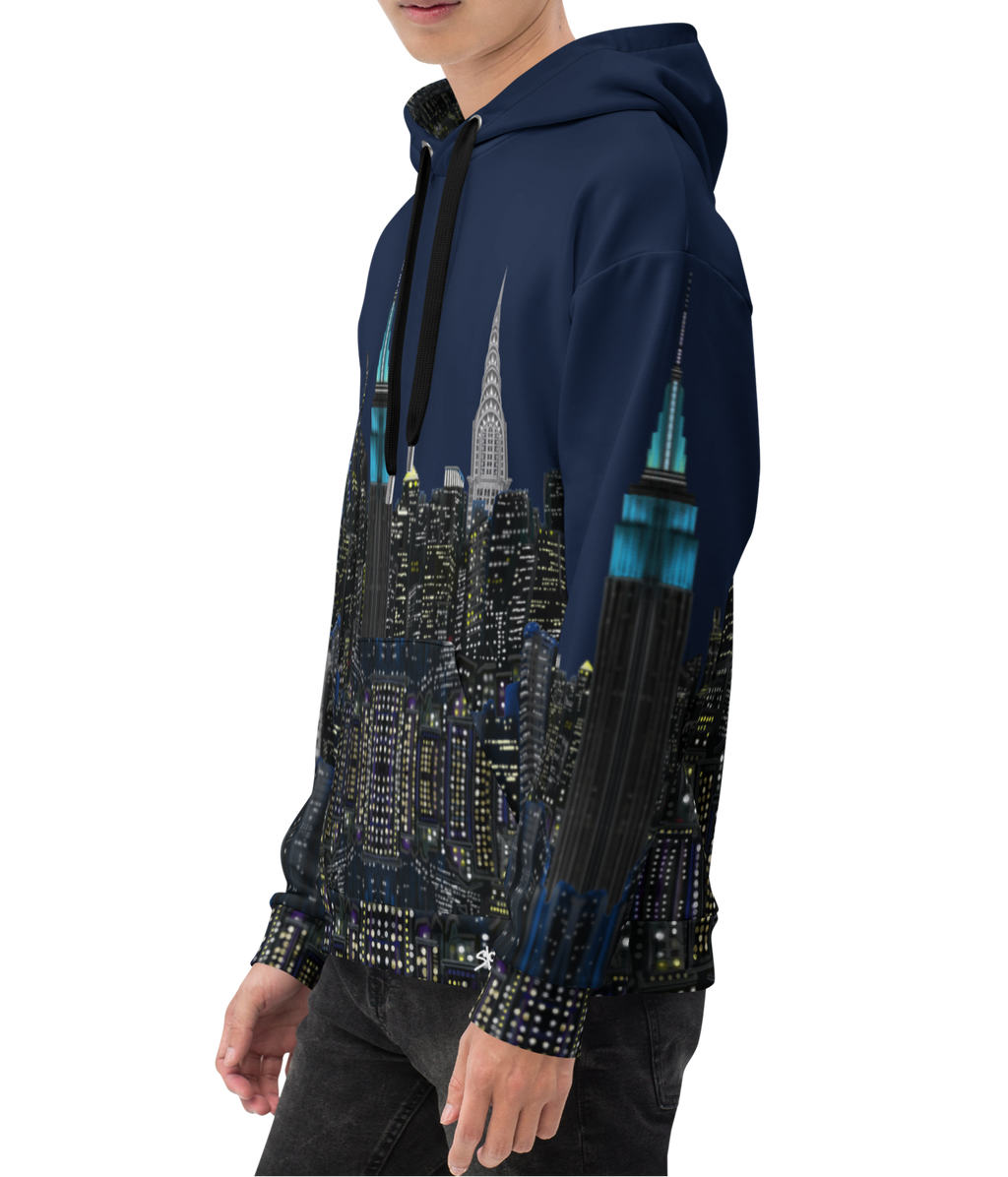 Person wearing a hoodie with a Loria NYC Art cityscape design on a white background