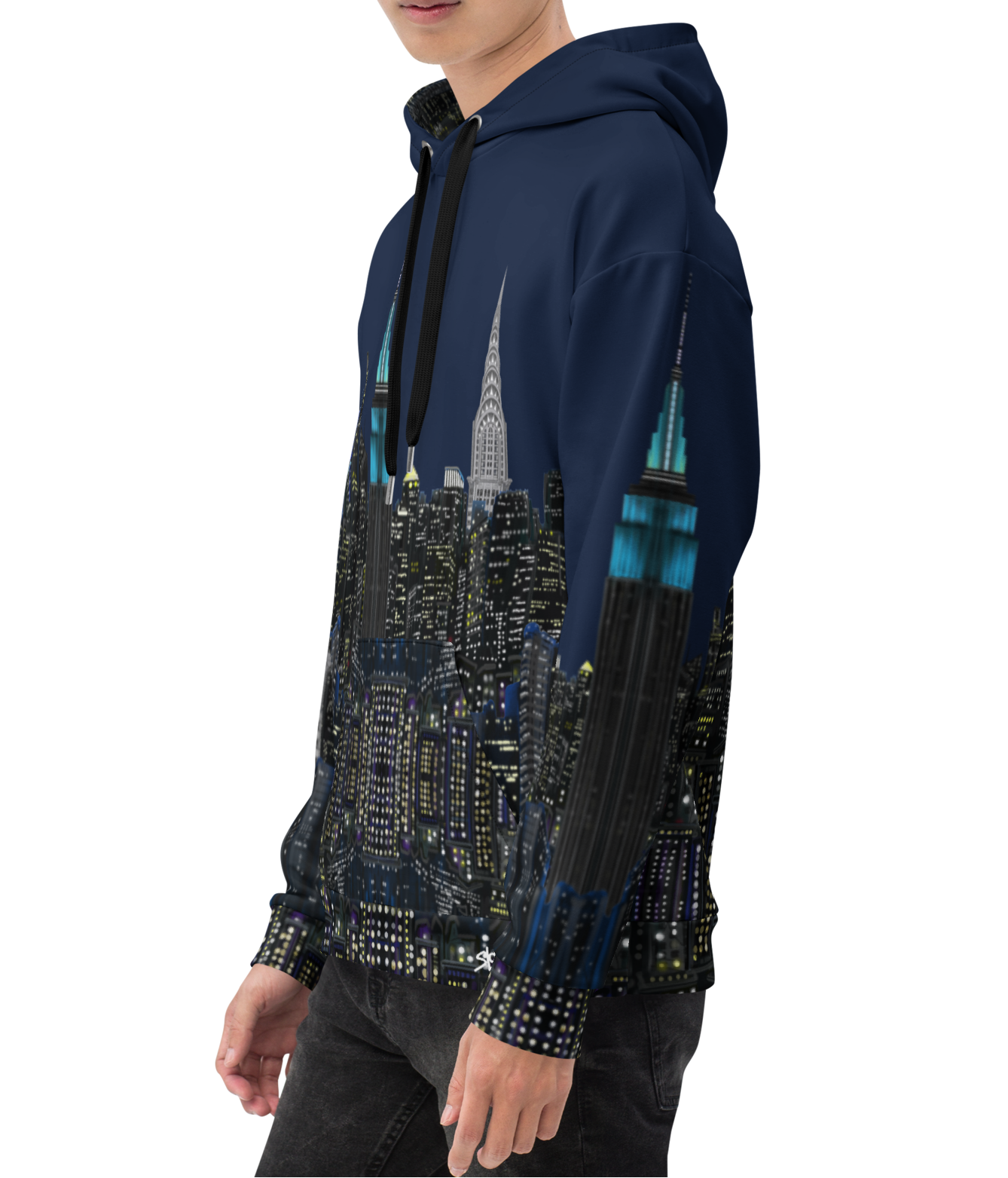 Person wearing a hoodie with a Loria NYC Art cityscape design on a white background