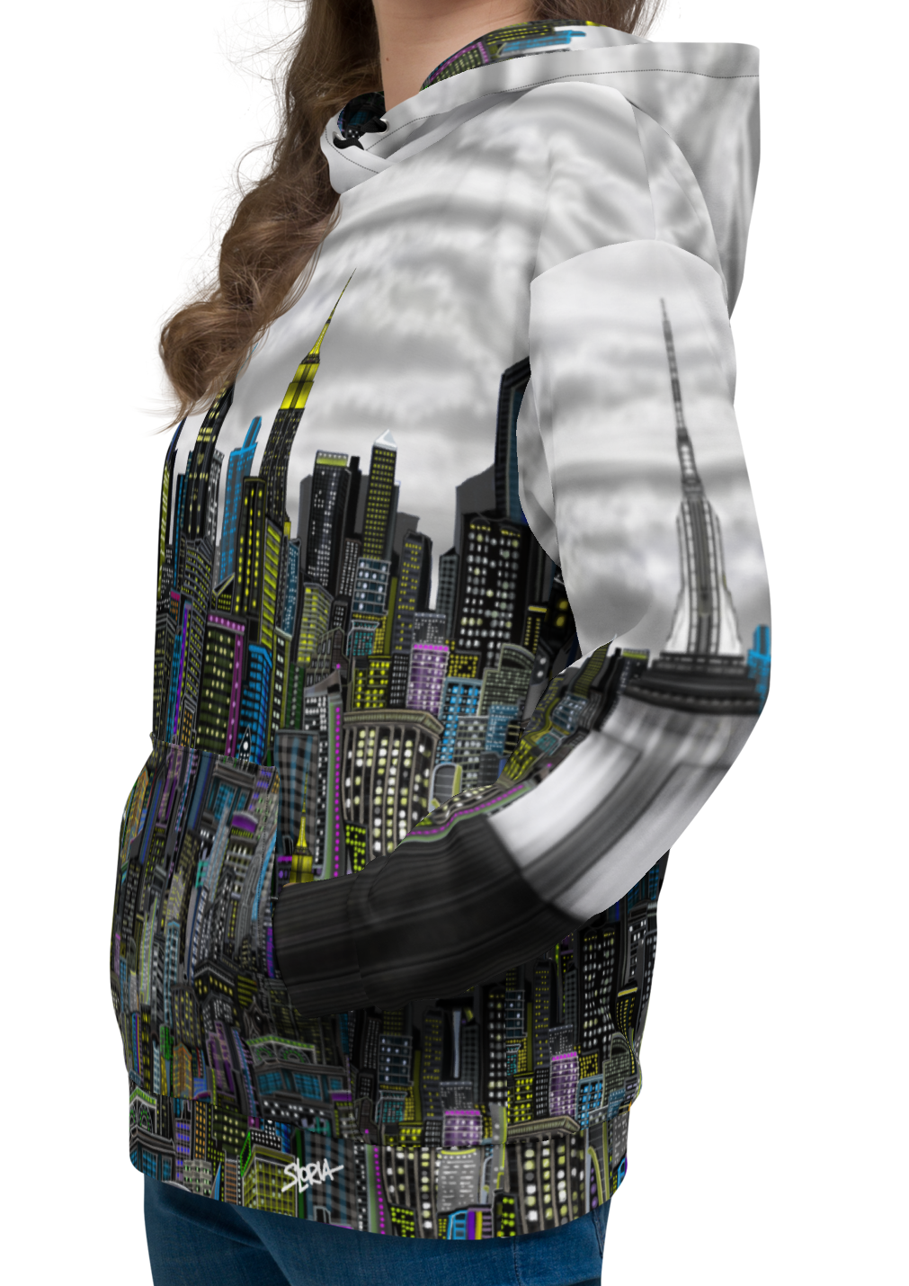 Woman wearing a hoodie with a Loria NYC Art cityscape design on a white background