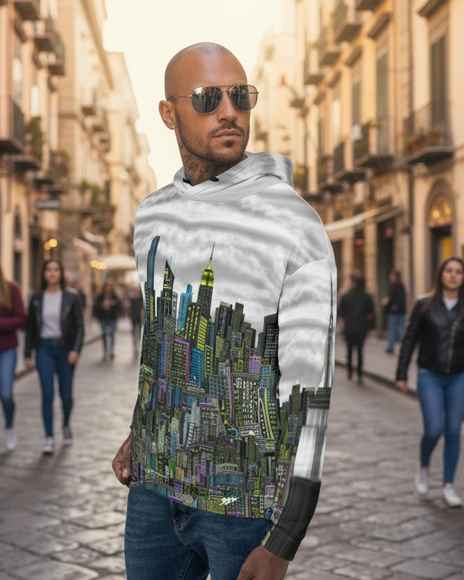 Man in street wearing a hoodie with a cityscape design by Loria NYC Art on a white background