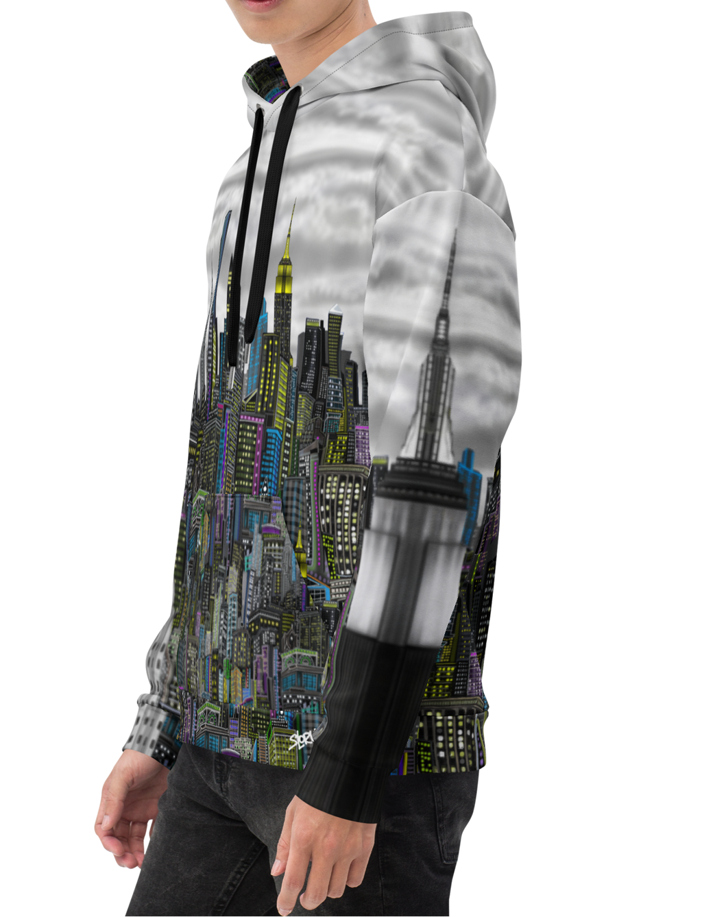 Person wearing a hoodie with a Loria NYC Art cityscape design on a white background
