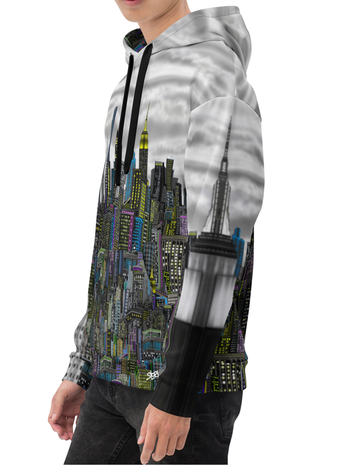 Person wearing a hoodie with a Loria NYC Art cityscape design on a white background
