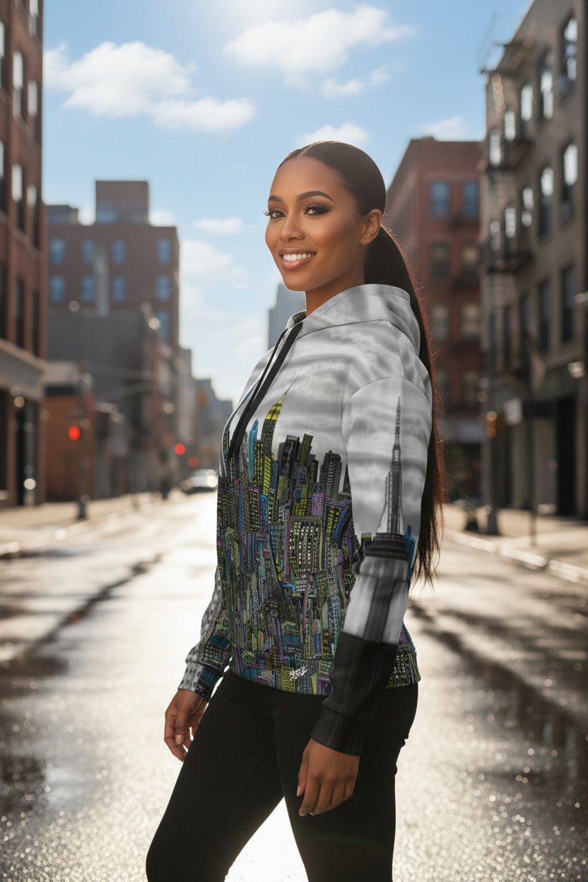 Woman in a stylish Loria NYC Art jacket standing on a city street with buildings and blue sky in the background