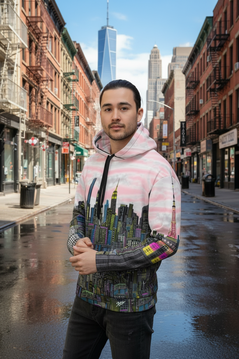 Person wearing a pink hoodie with a cityscape Loria NYC Art design on a urban background