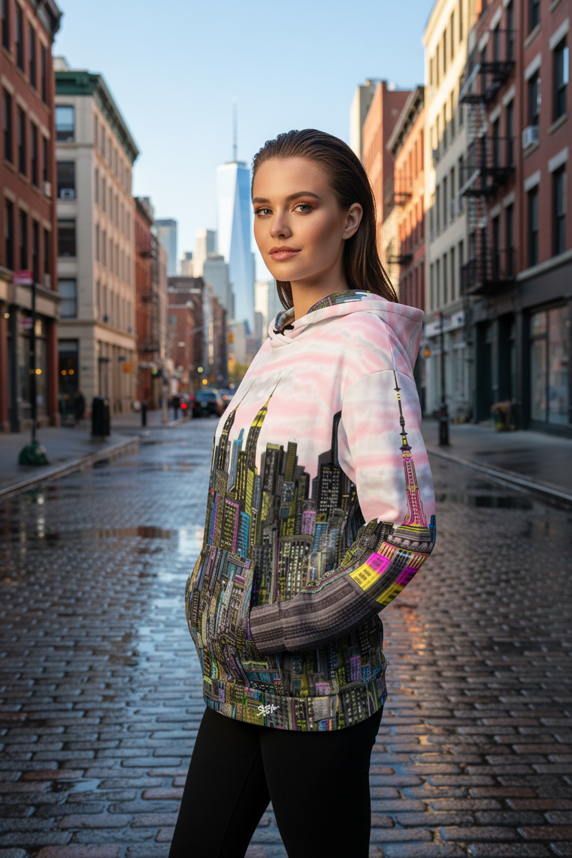 Side of Person wearing a Loria NYC Art colorful hoodie with a cityscape design on a white background
