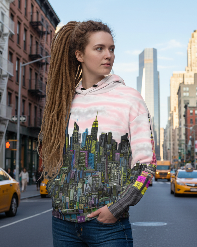 Girl wearing a hoodie with a cityscape Loria NYC Art design standing in the street