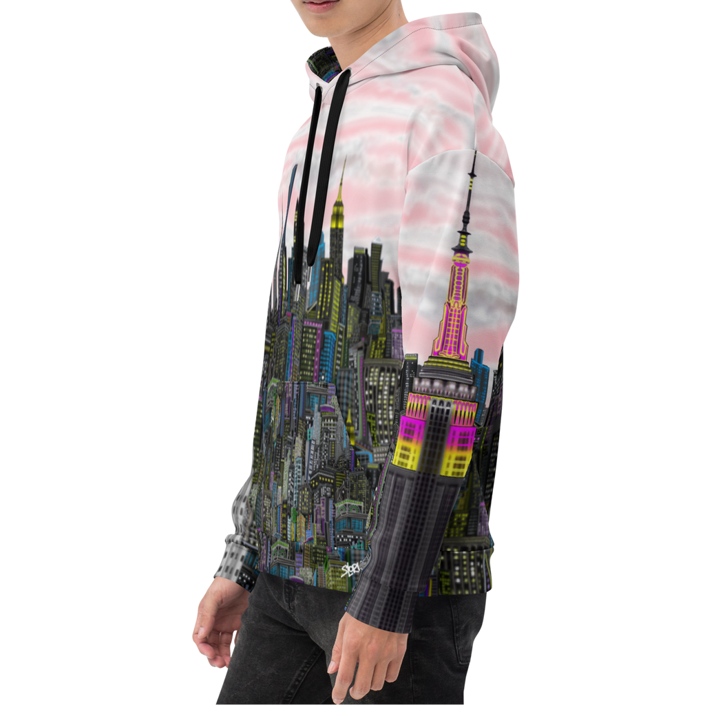 Person wearing a hoodie with a Loria NYC Art cityscape design on a white background