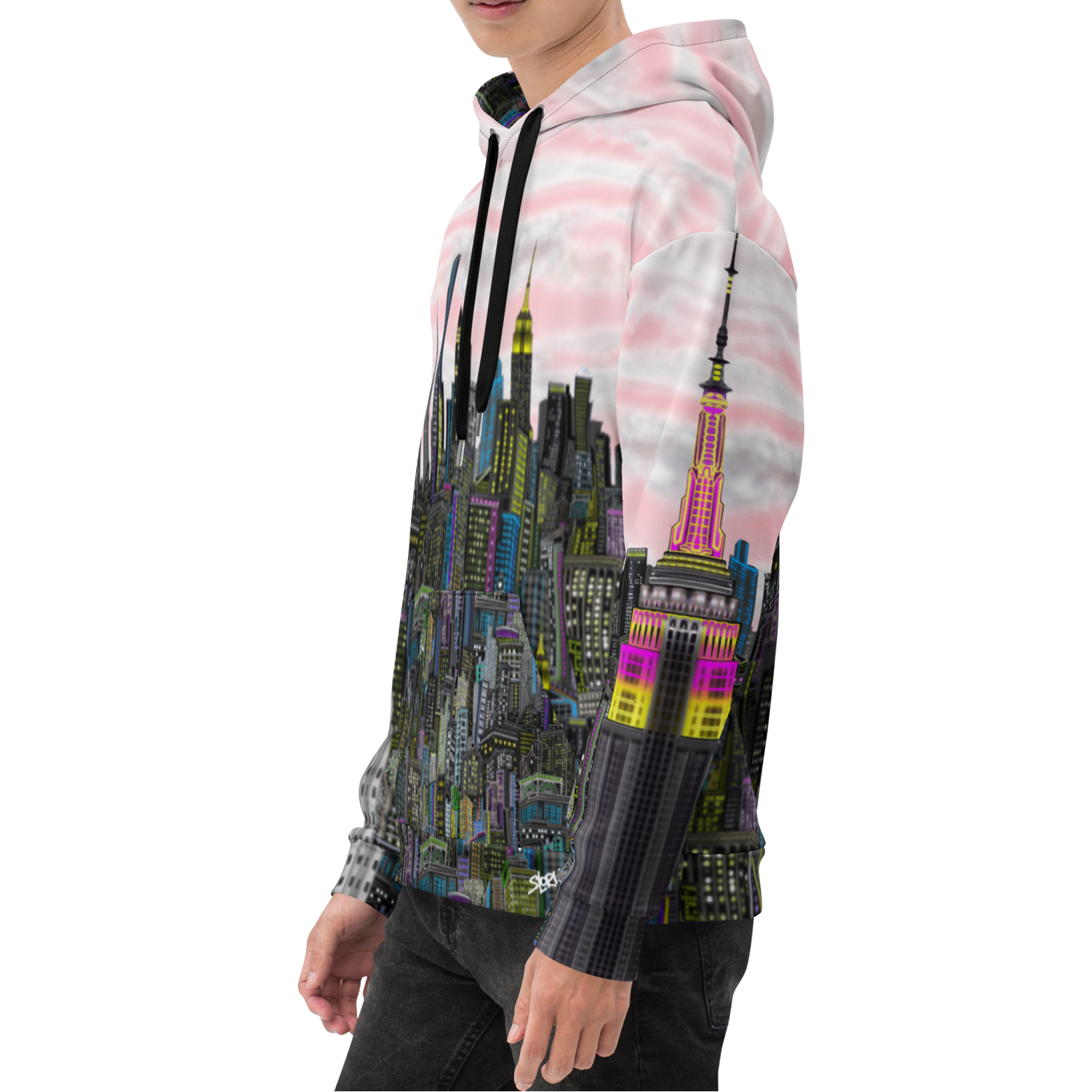 Person wearing a hoodie with a Loria NYC Art cityscape design on a white background