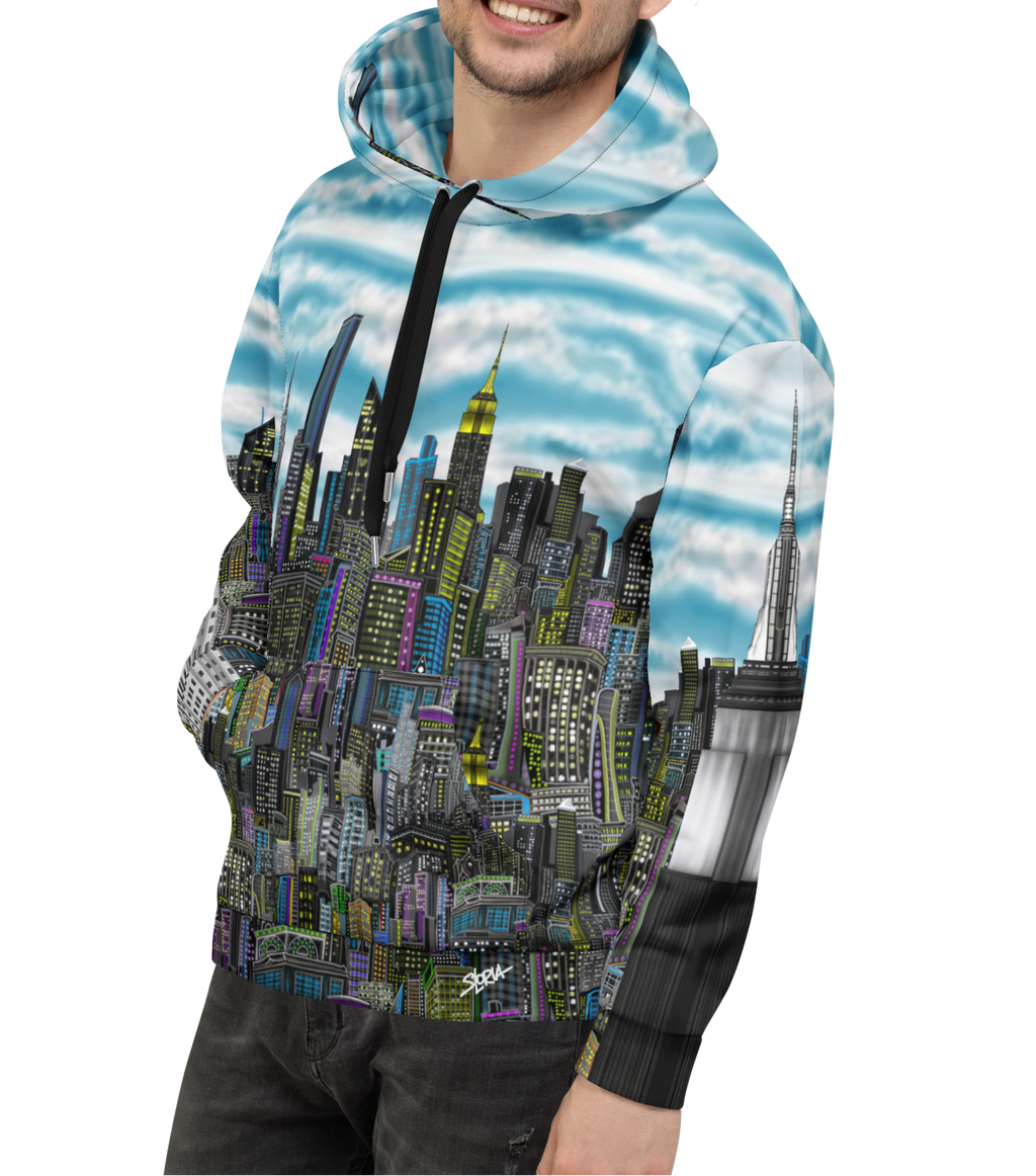 Person wearing a hoodie with a Loria NYC Art cityscape design on a white background