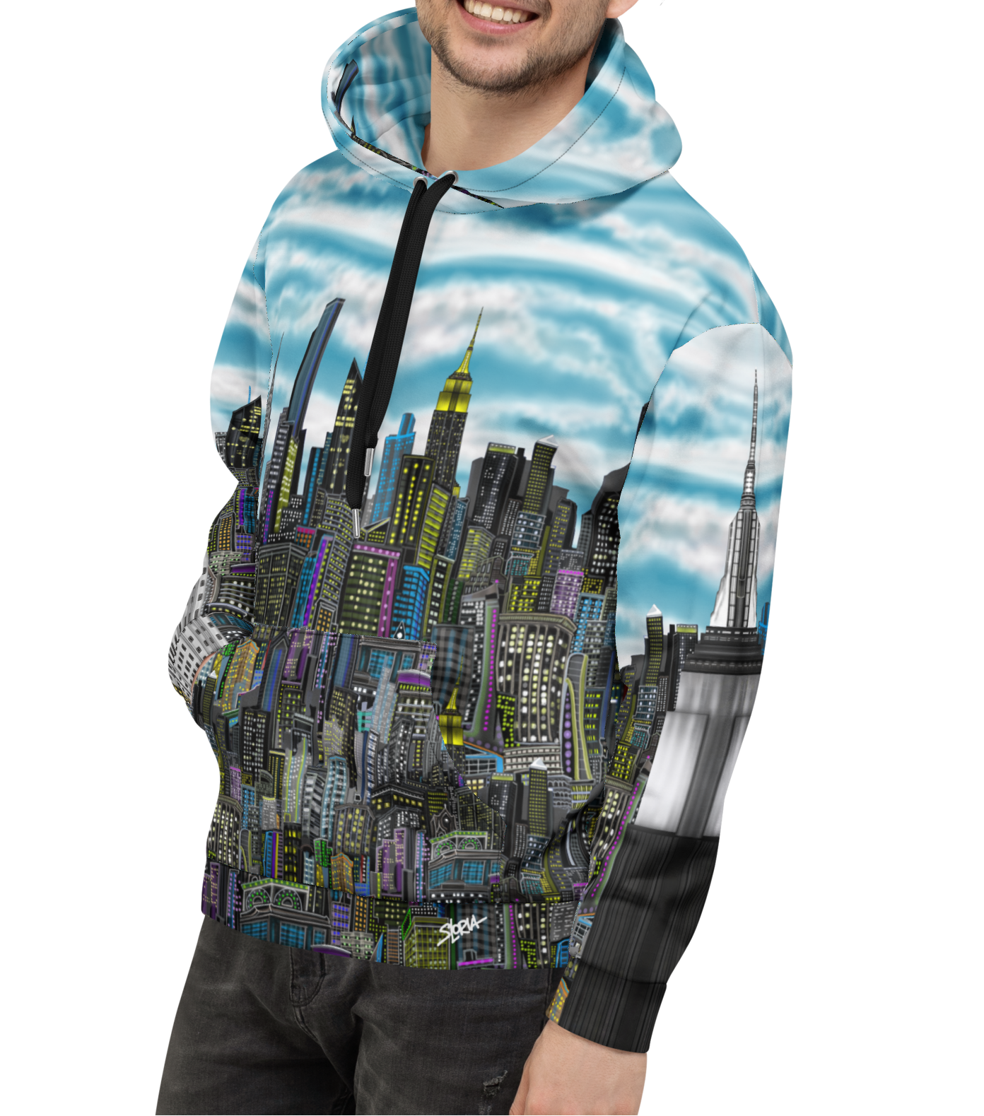 Person wearing a hoodie with a Loria NYC Art cityscape design on a white background
