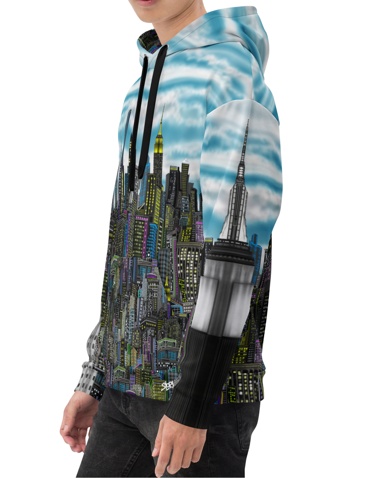 Person wearing a hoodie with a cityscape Loria NYC Art design on a white background