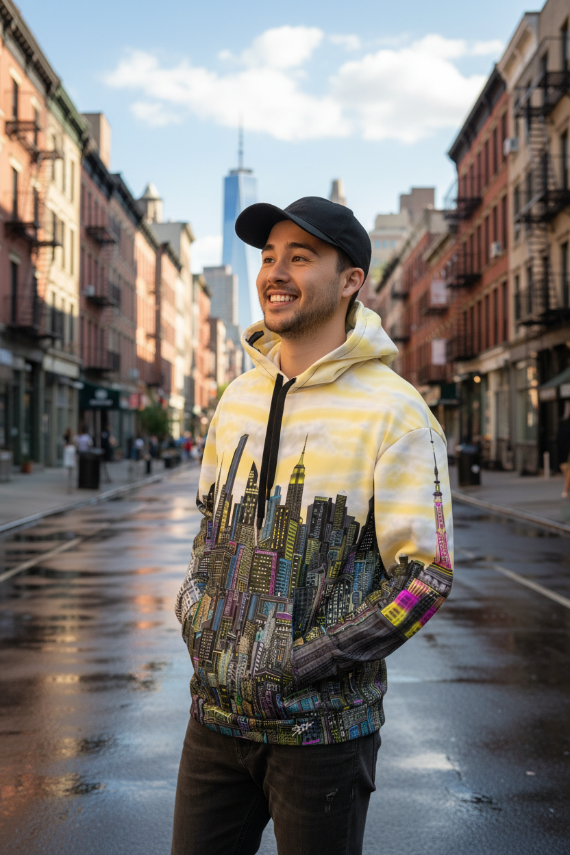Person wearing a yellow hoodie with a cityscape Loria NYC Art design on a urban background