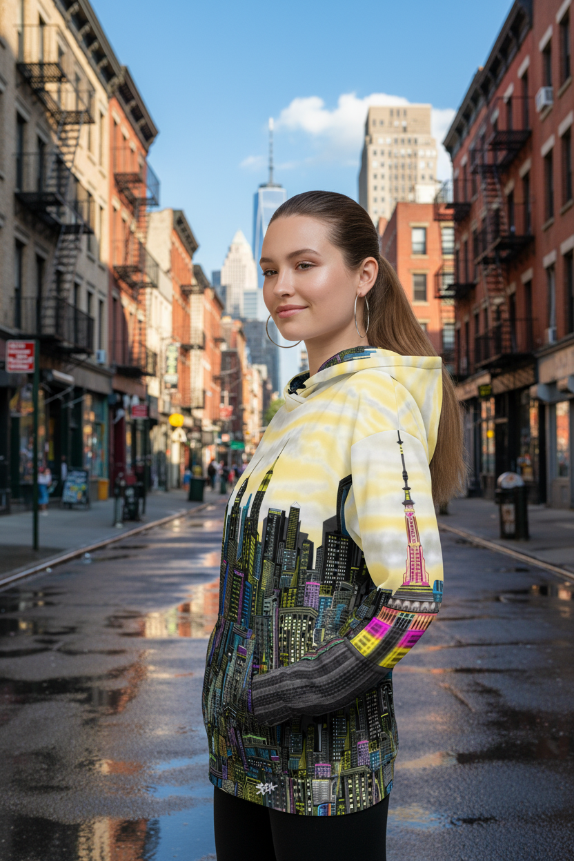 Woman wearing a Loria NYC Art colorful hoodie with a cityscape design on a white background