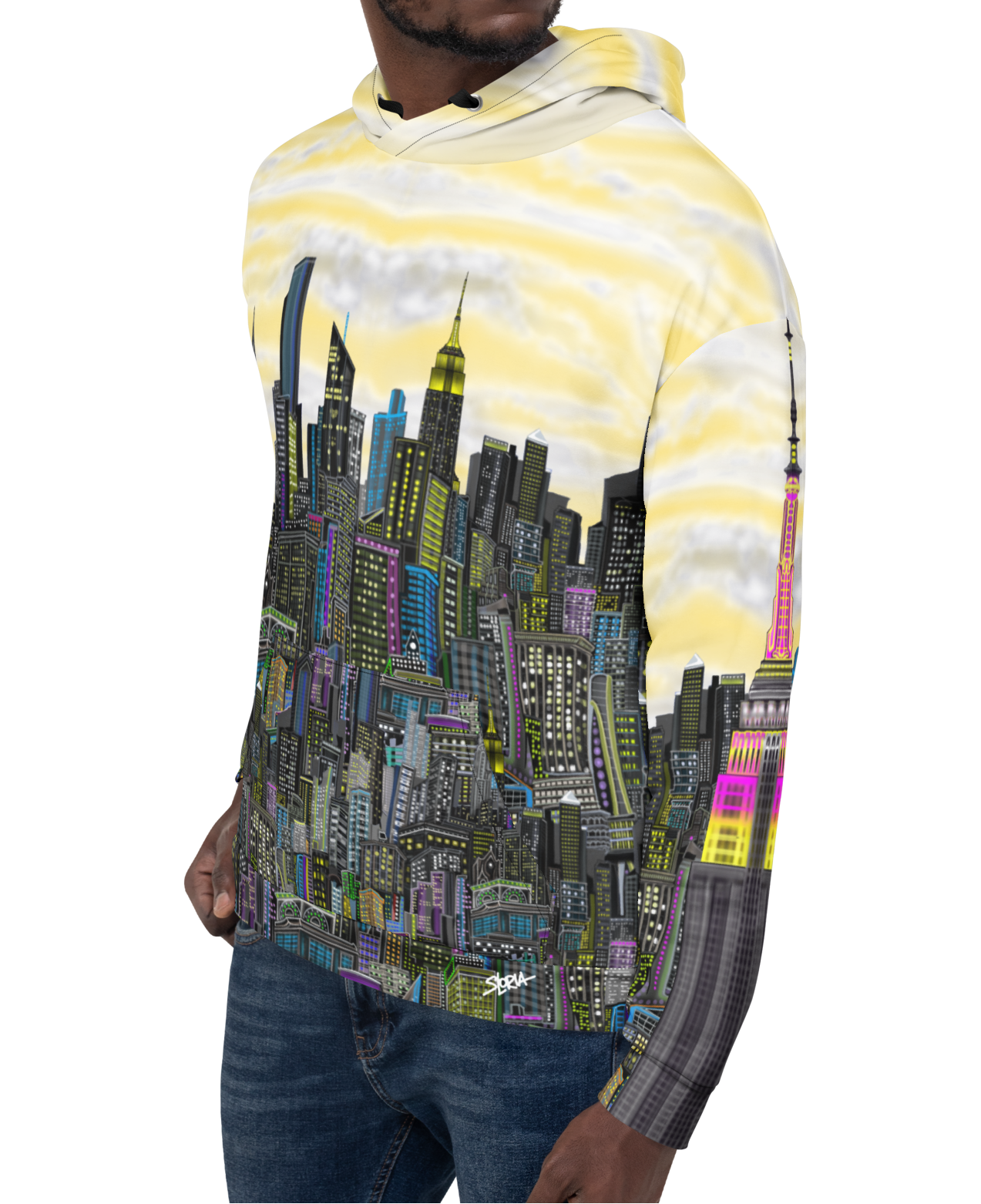 Man wearing a hoodie with a Loria NYC Art cityscape design on bridge