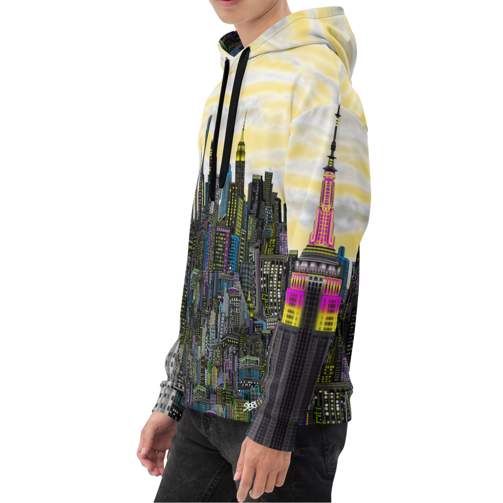 Person wearing a hoodie with a cityscape Loria NYC Art design on a white background