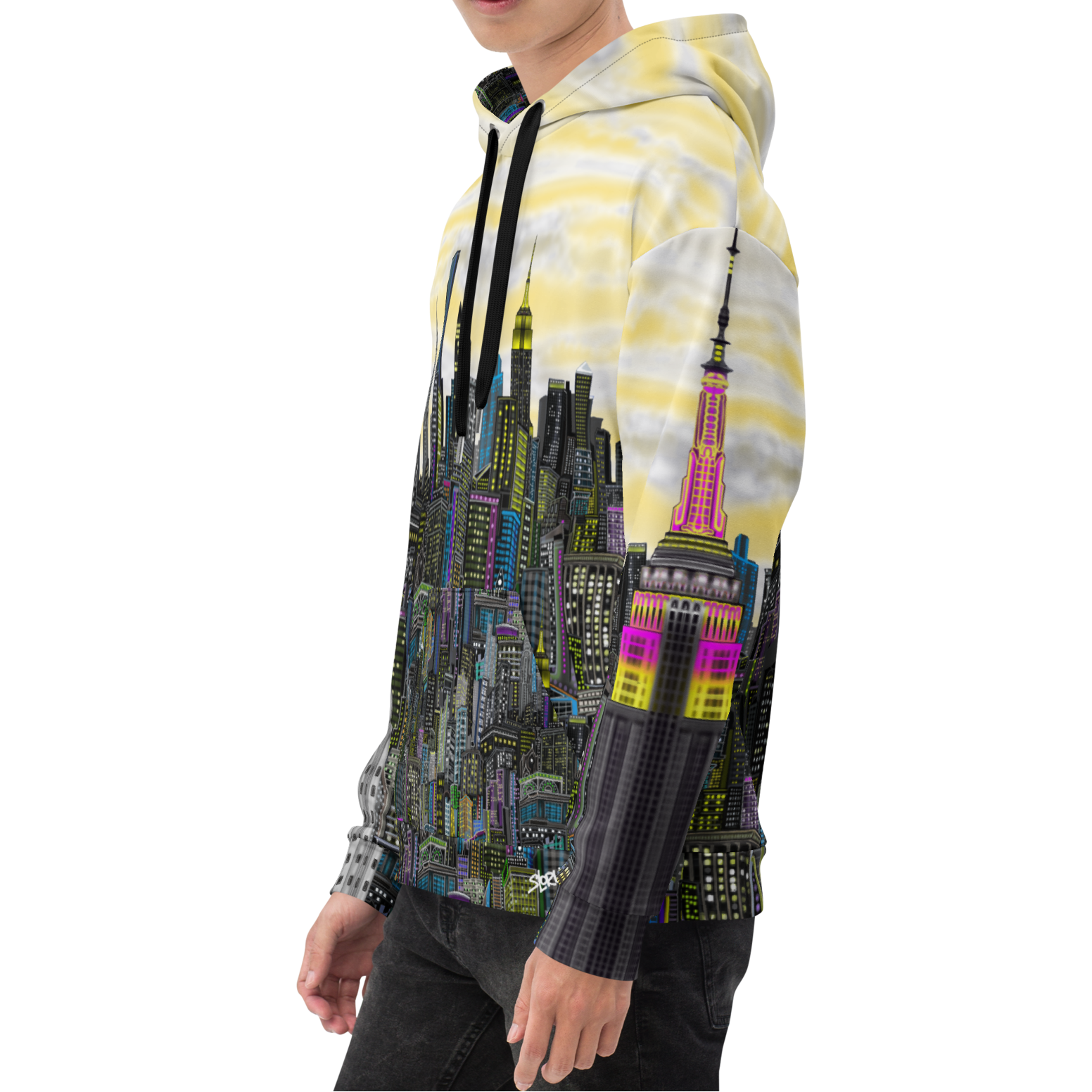 Person wearing a hoodie with a cityscape Loria NYC Art design on a white background