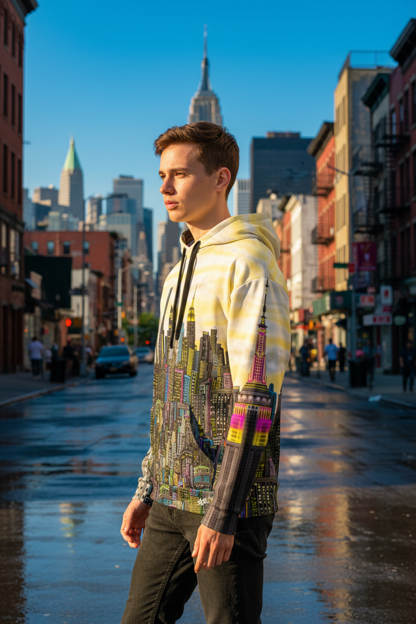 Person wearing a colorful Loria NYC Art hoodie on a city street with the Empire State Building in the background