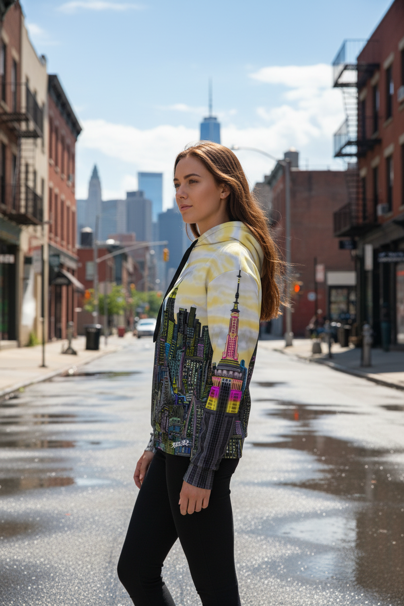 Woman wearing a colorful jacket with cityscape Loria NYC Art design on a street in an urban setting