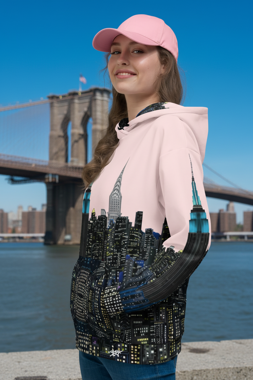 Woman wearing a hoodie with a Loria NYC Art cityscape design on a urban background
