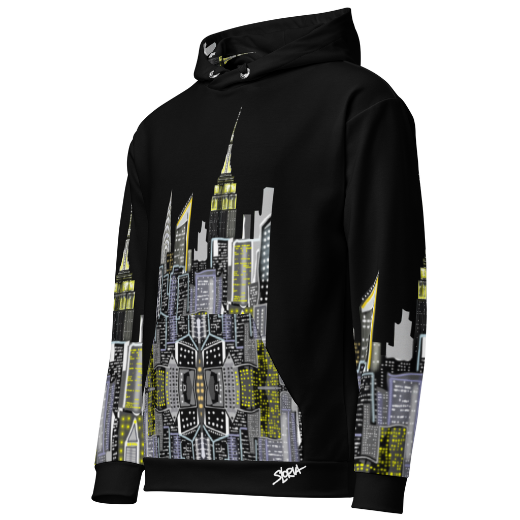 Black hoodie side front view with cityscape Loria NYC Art design on a white background