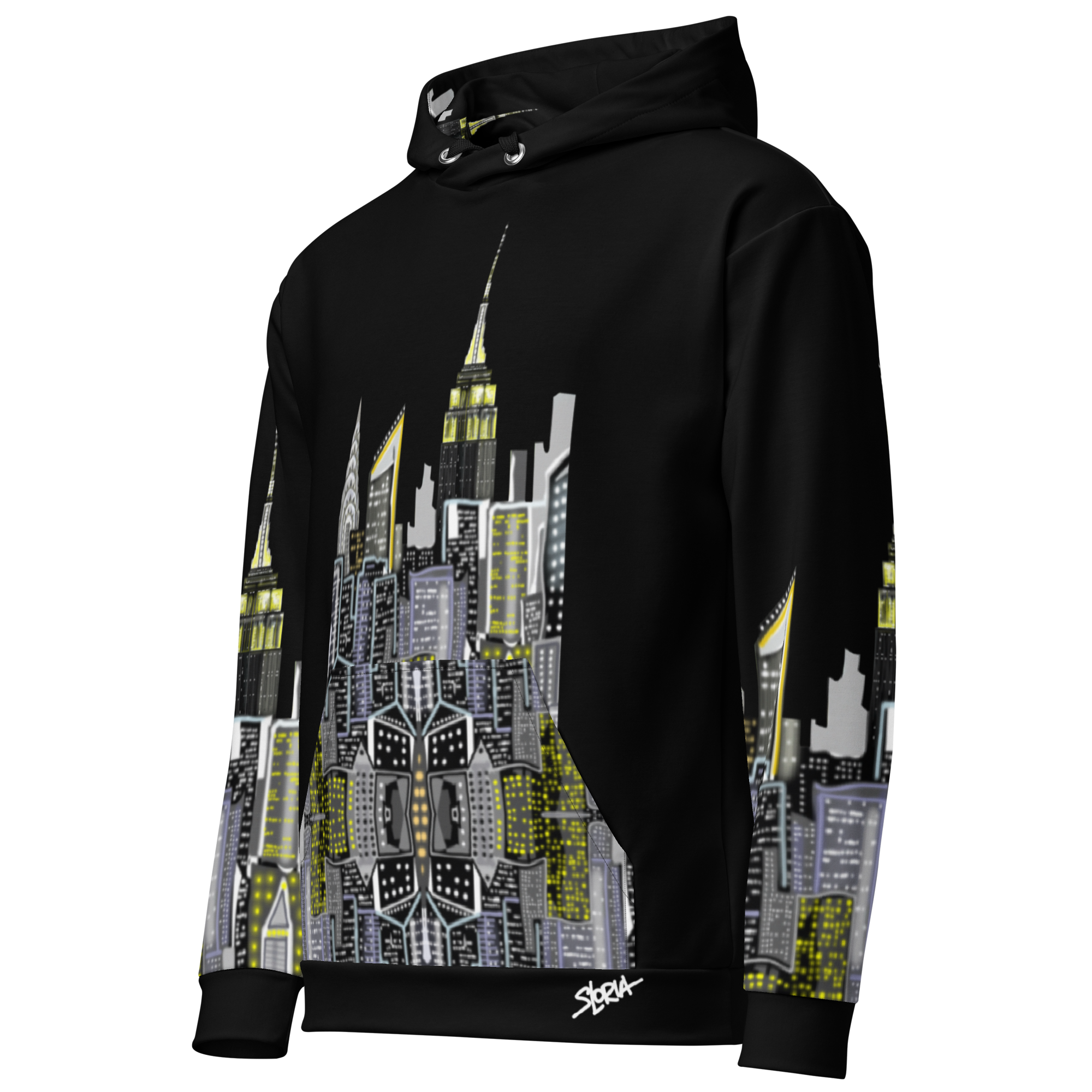 Black hoodie side front view with cityscape Loria NYC Art design on a white background