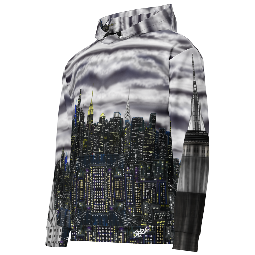 Hoodie with a cityscape Loria NYC Art design on a white background