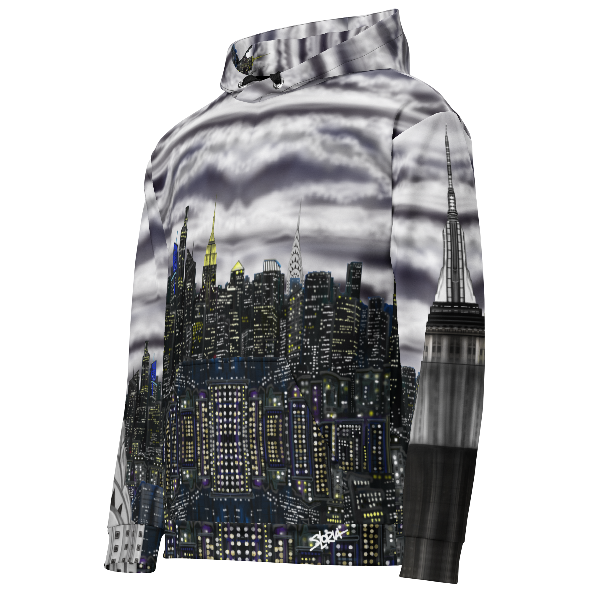 Hoodie with a cityscape Loria NYC Art design on a white background