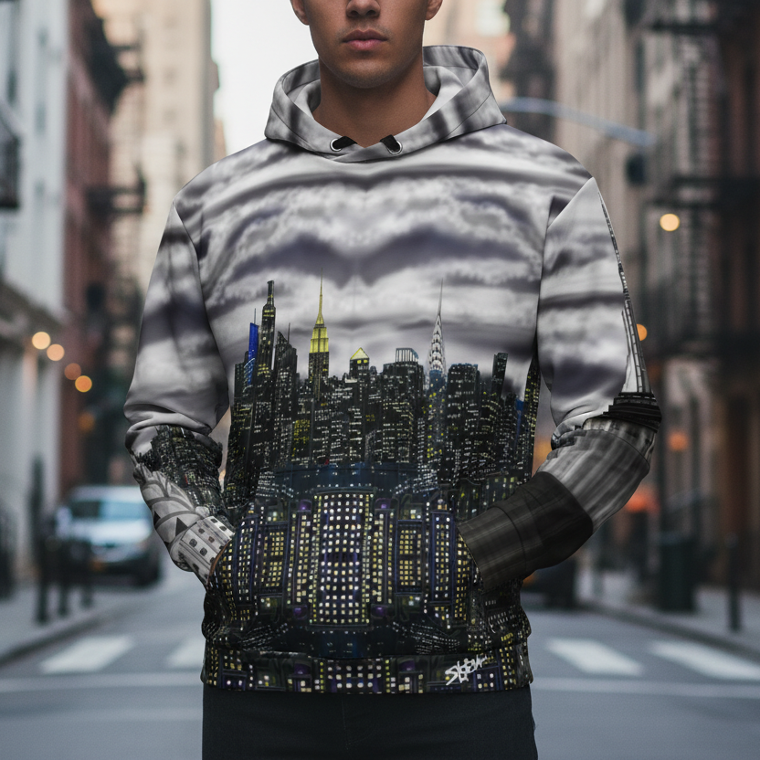 Person wearing a hoodie with a Loria NYC Art cityscape design on a city street