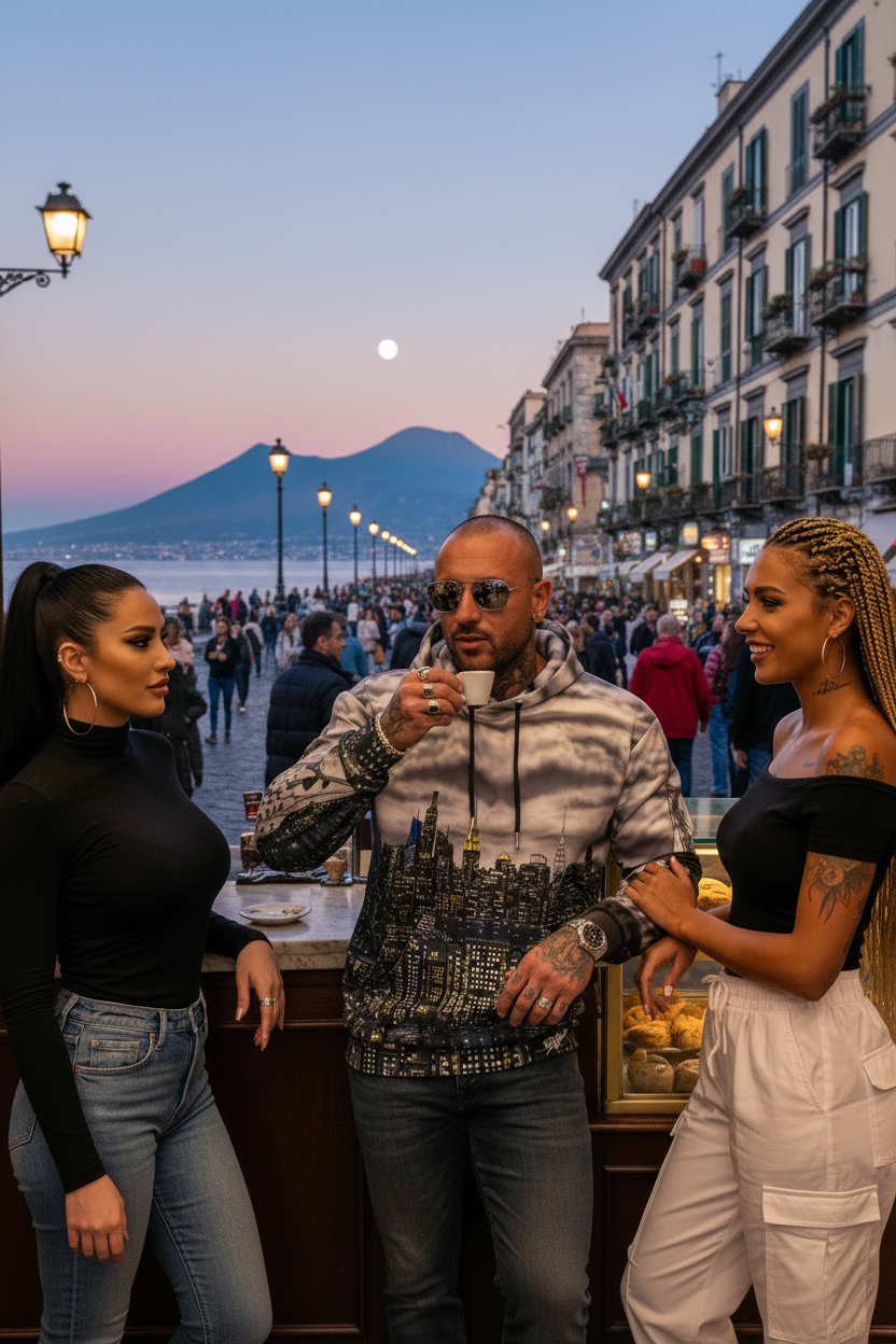 Man wearing a Loria NYC Art hoodie standing together in a lively street scene with buildings and mountains in the background.