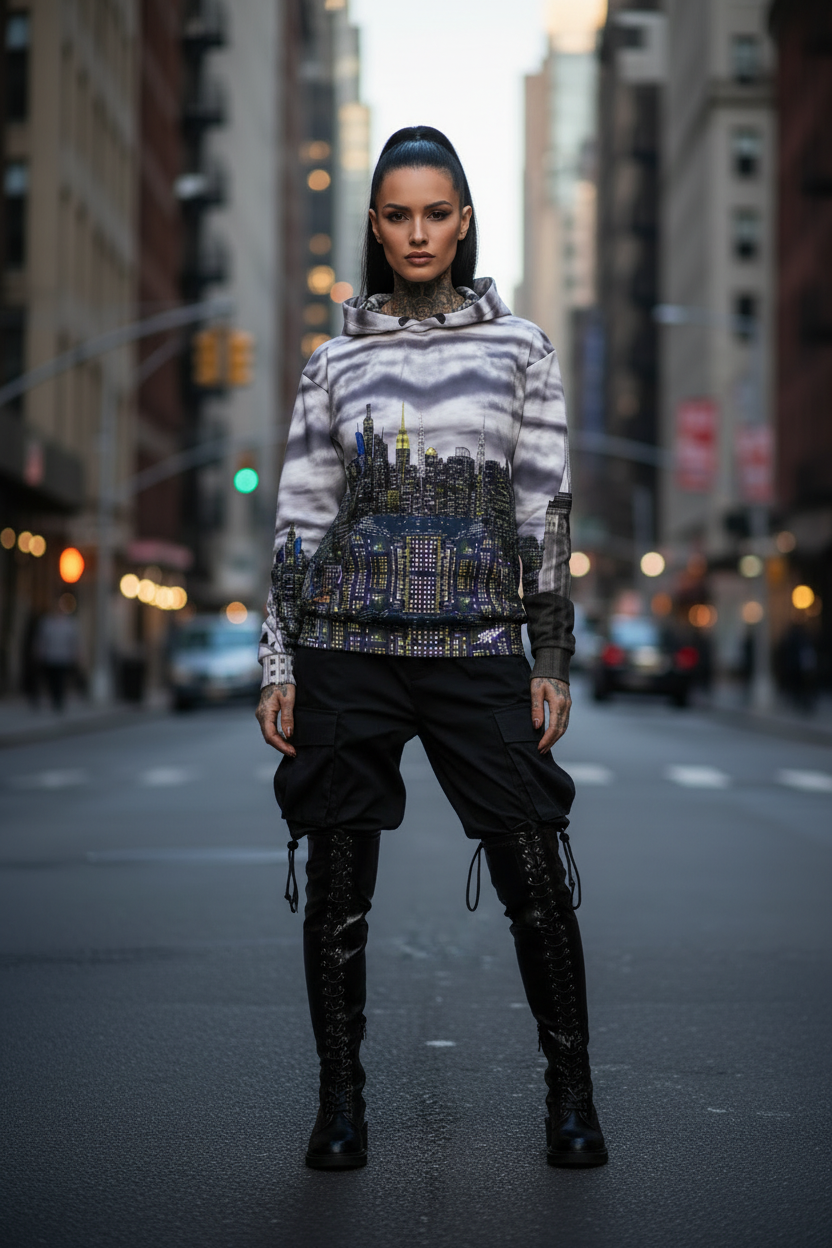 Person wearing a Loria NYC Art hoodie and pants on a city street