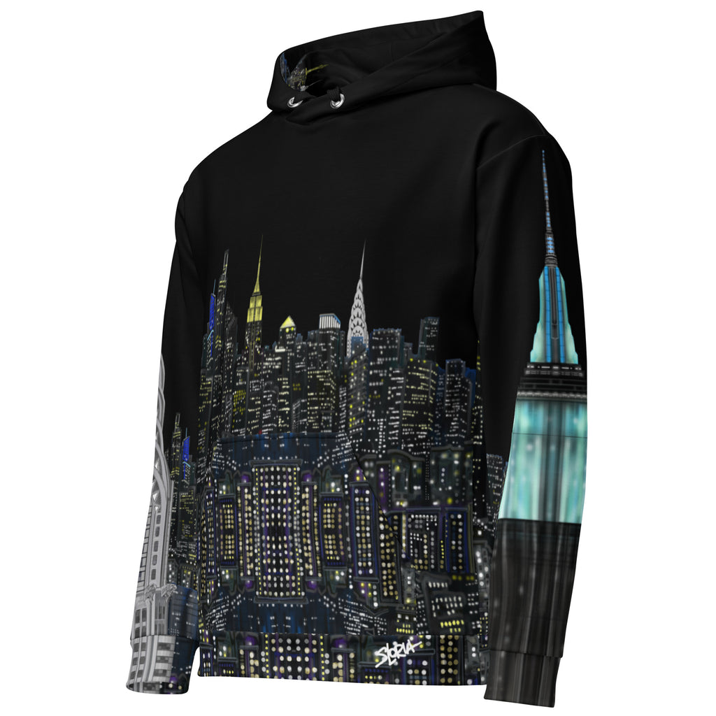 Black hoodie with cityscape Loria NYC Art design on a white background