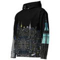 Black hoodie with cityscape Loria NYC Art design on a white background