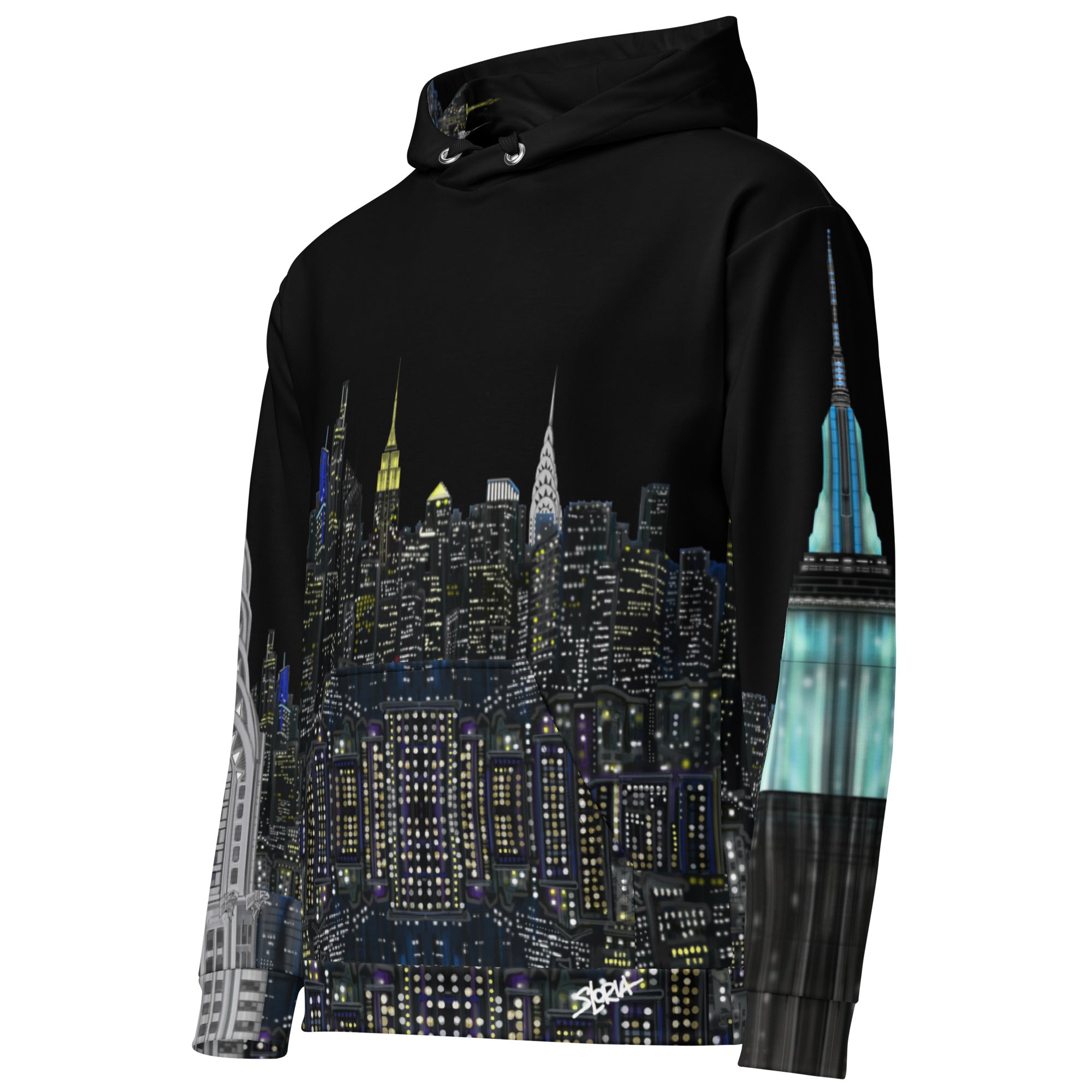 Black hoodie with cityscape Loria NYC Art design on a white background
