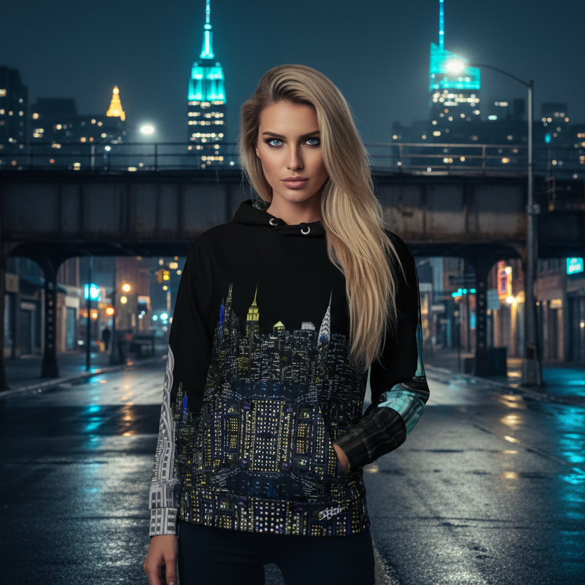Woman wearing a Loria NYC Art hoodie standing in a city street at night with illuminated skyscrapers in the background