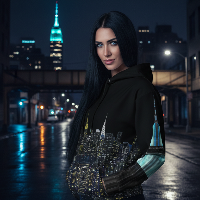 Woman in a Loria NYC Art hoodie standing on a city street at night.