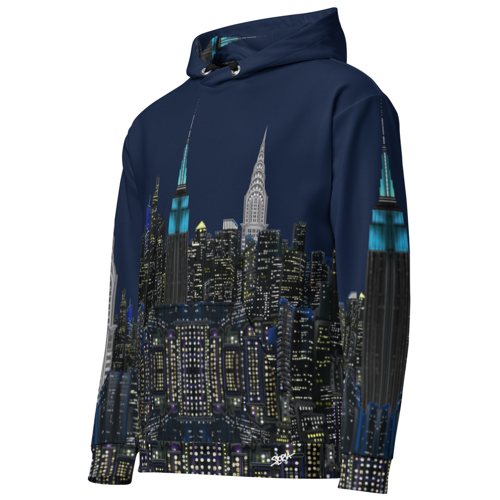 Navy blue hoodie with a cityscape Loria NYC Art design on a white background