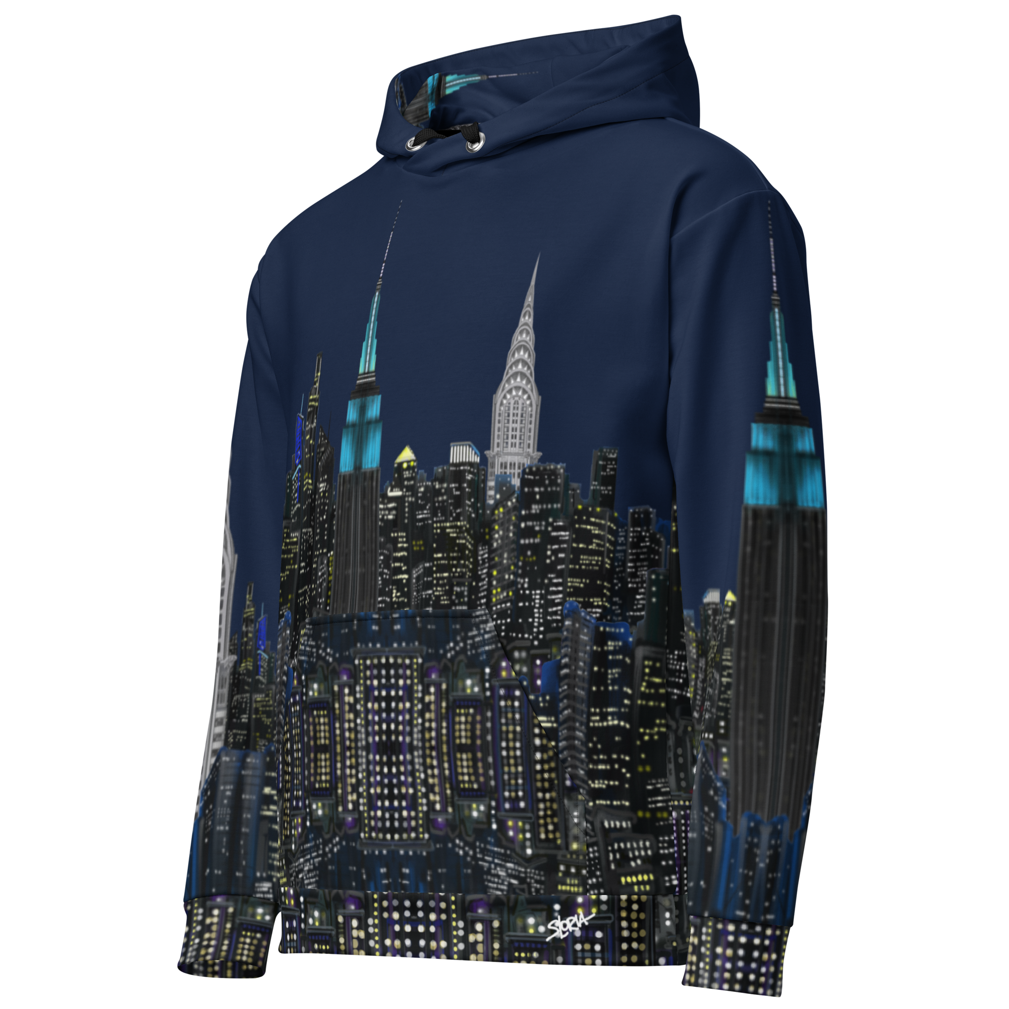 Navy blue hoodie with a cityscape Loria NYC Art design on a white background